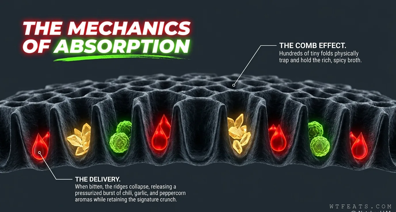 The mechanics of absorption: máo dù's ridged folds holding hot pot broth, the comb effect in cross-section