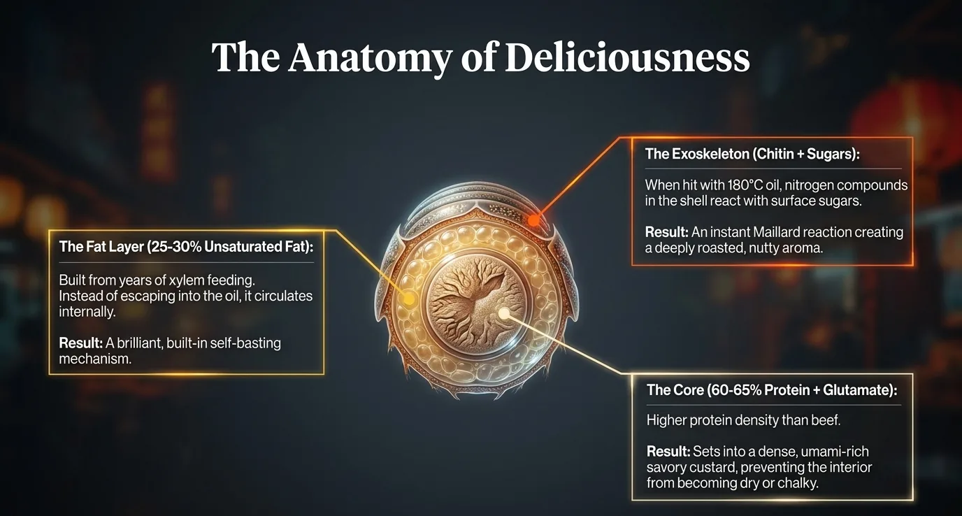 The science: the anatomy of deliciousness showing exoskeleton, fat layer, and protein core