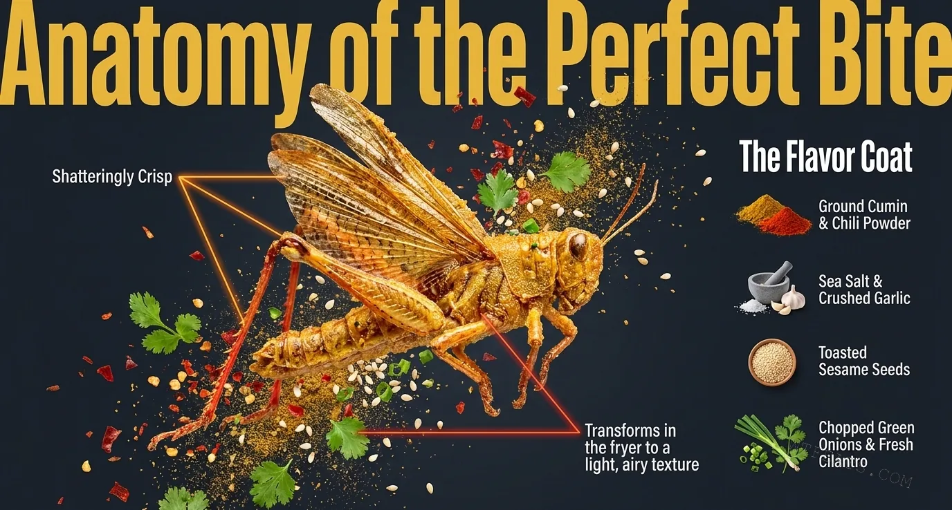 Anatomy of the Perfect Bite: a golden fried grasshopper with flavor coat breakdown showing cumin, chili, garlic, sesame, and cilantro