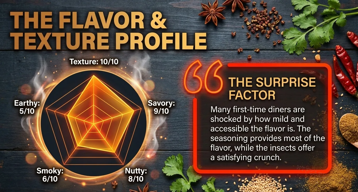 The Flavor and Texture Profile: a radar chart showing texture, savory, nutty, smoky, and earthy ratings
