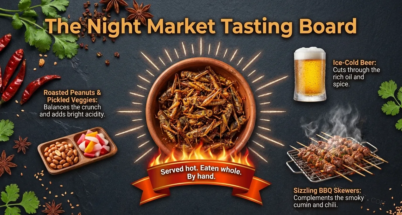 The Night Market Tasting Board: fried grasshoppers paired with beer, BBQ skewers, and roasted peanuts