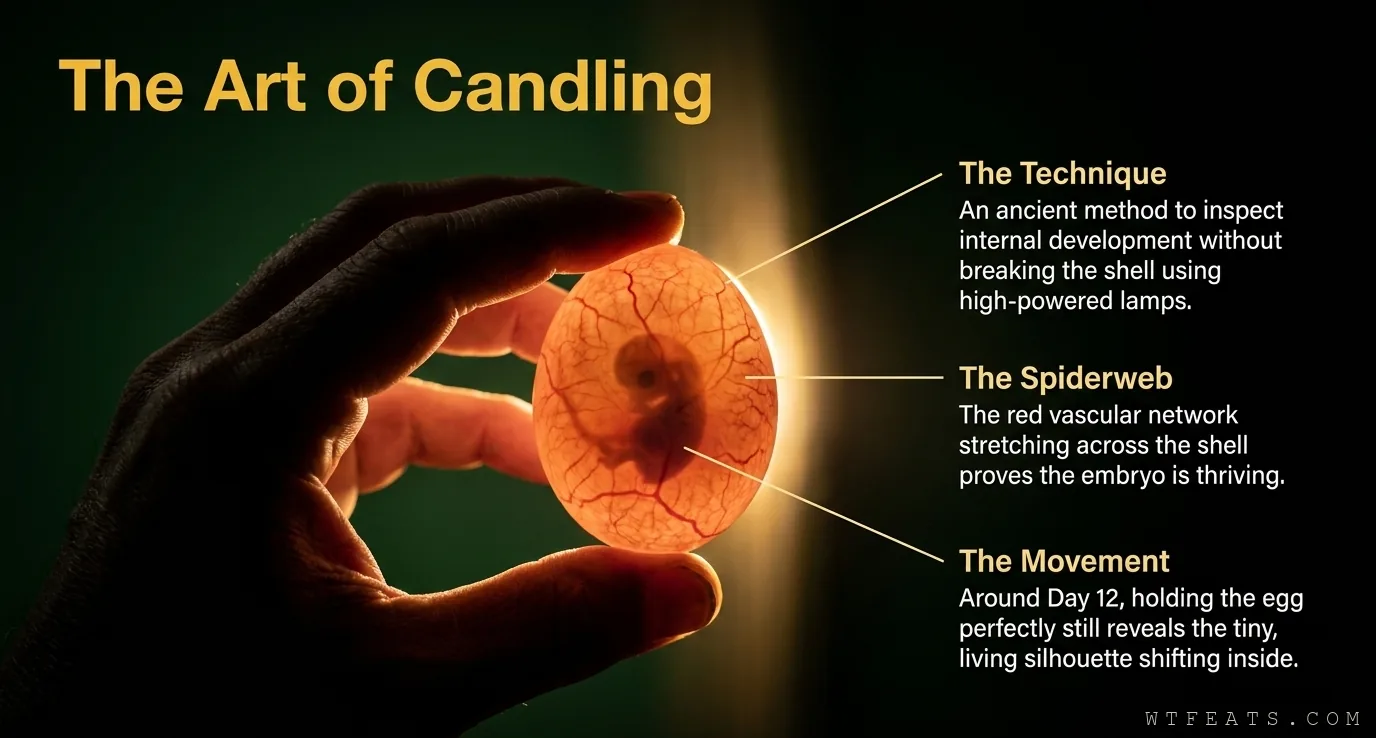 A hand holding a candled egg glowing against the light, red vascular network and embryo silhouette visible through the shell