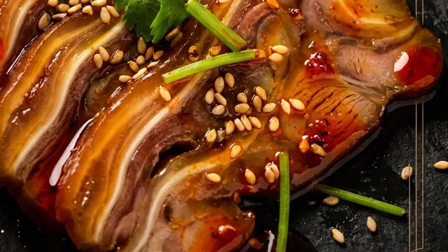 Pig Ears overview: glossy braised slices on dark slate with cilantro and sesame