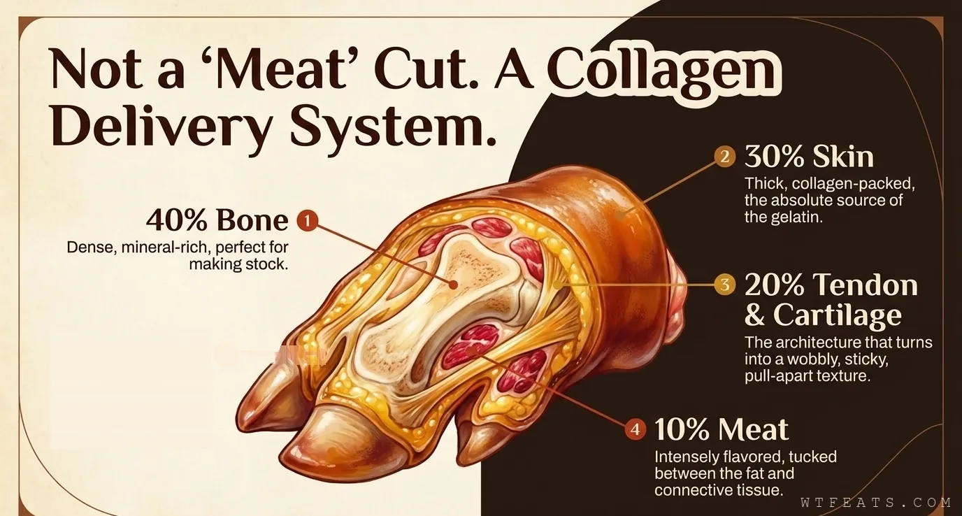 Trotter anatomy breakdown: 40 percent bone, 30 percent skin, 20 percent tendon and cartilage, 10 percent meat